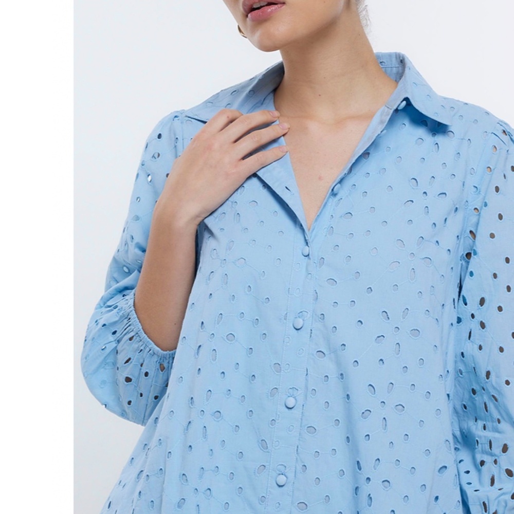 RIVER ISLAND Penny Puff Sleeve Cotton Eyelet Shirtdress - Picture 3 of 3